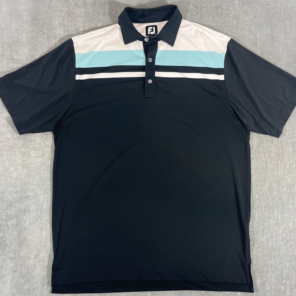 Footjoy FJ Mens Large Black White Blue Stripe Short Sleeve‎ Golf Polo Shirt